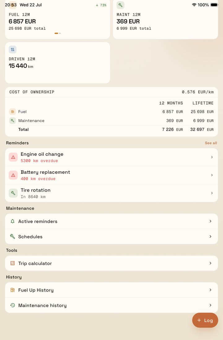 The same OdoPilot dashboard in light theme, listing overdue reminders for an engine oil change and battery replacement alongside upcoming tyre rotation.
