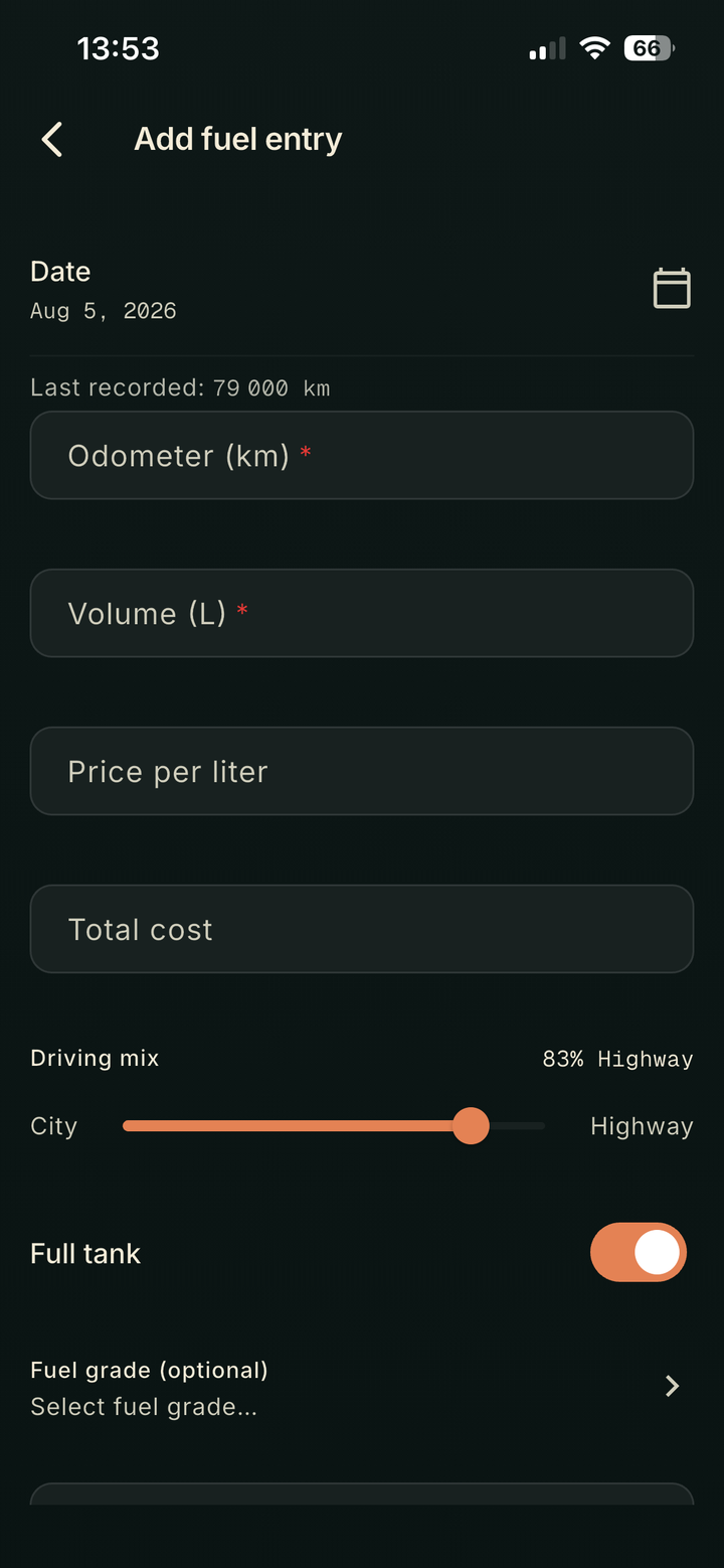The OdoPilot add fuel entry form in dark theme, with fields for odometer, volume, price per litre and total cost, a city-to-highway driving mix slider, and a full tank toggle.